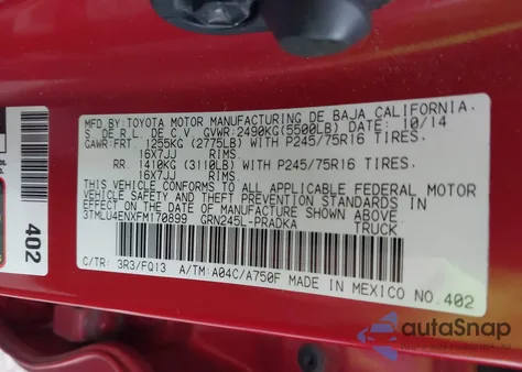 2015 Toyota Tacoma Base V6 из США, поврежденный, VIN 3TMLU4ENXFM170899